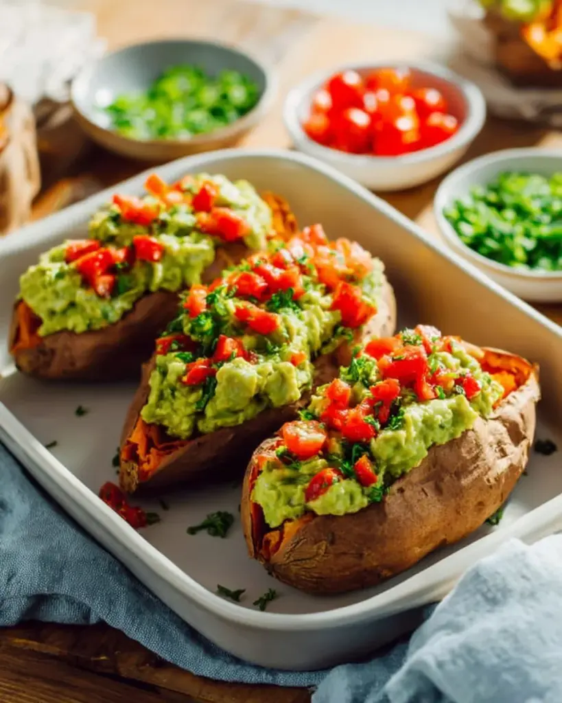 Süßkartoffeln mit Avocado-Topping auf einem Teller serviert