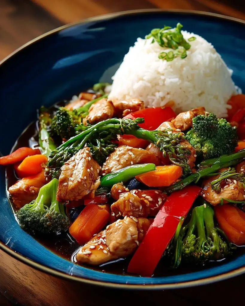 Teriyaki-Hähnchen mit buntem Gemüse auf einem Teller angerichtet