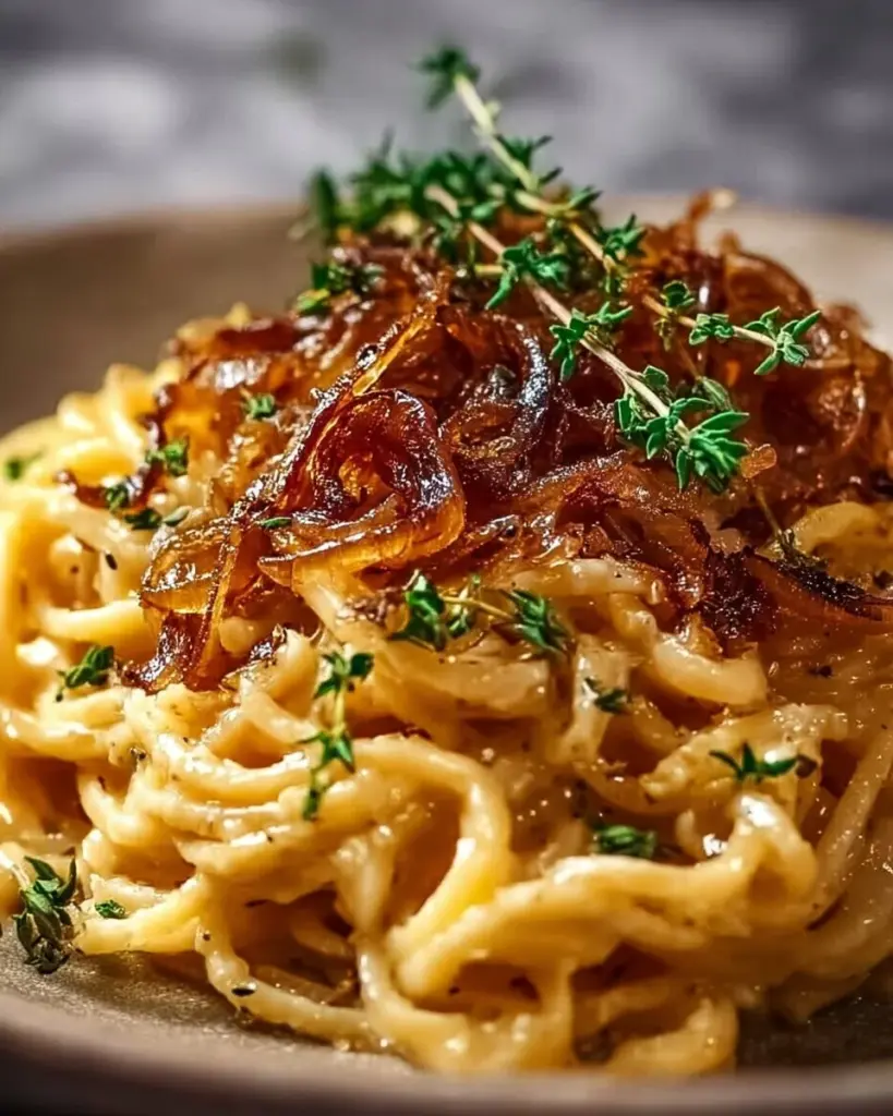 Vegane karamellisierte Zwiebel Pasta auf einem Teller serviert.