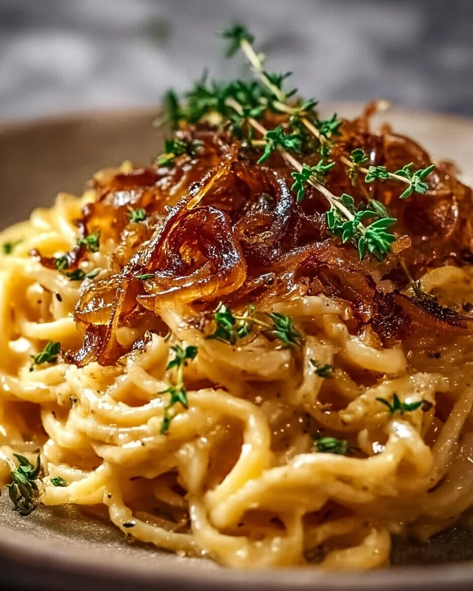 Vegane karamellisierte Zwiebel Pasta auf einem Teller serviert.