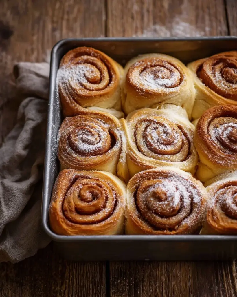 Vegane Zimtschnecken auf einem Teller, frisch gebacken und mit Zimt bestreut.