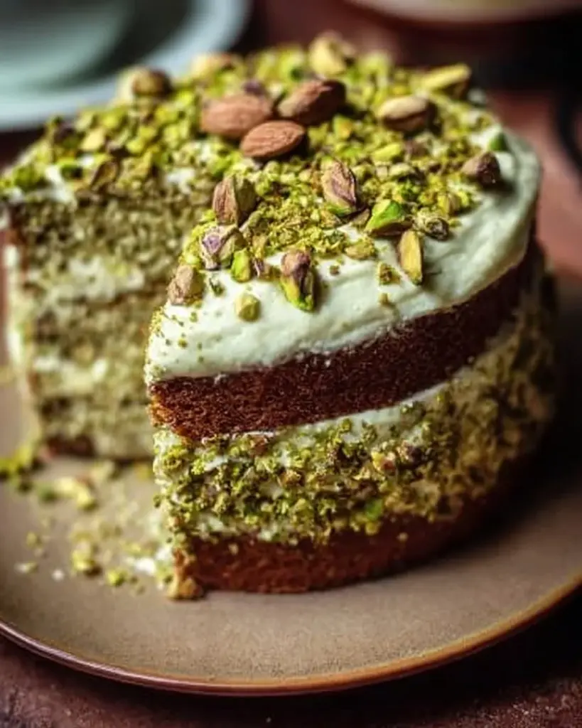Veganer Pistazienkuchen auf einem Teller mit frischen Pistazien dekoriert