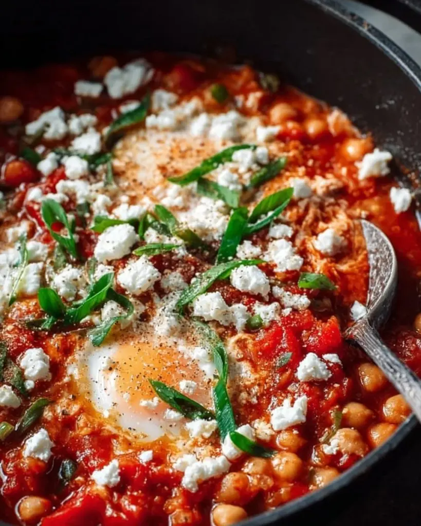 Veganes Kichererbsen-Shakshuka mit frischen Zutaten und Gewürzen