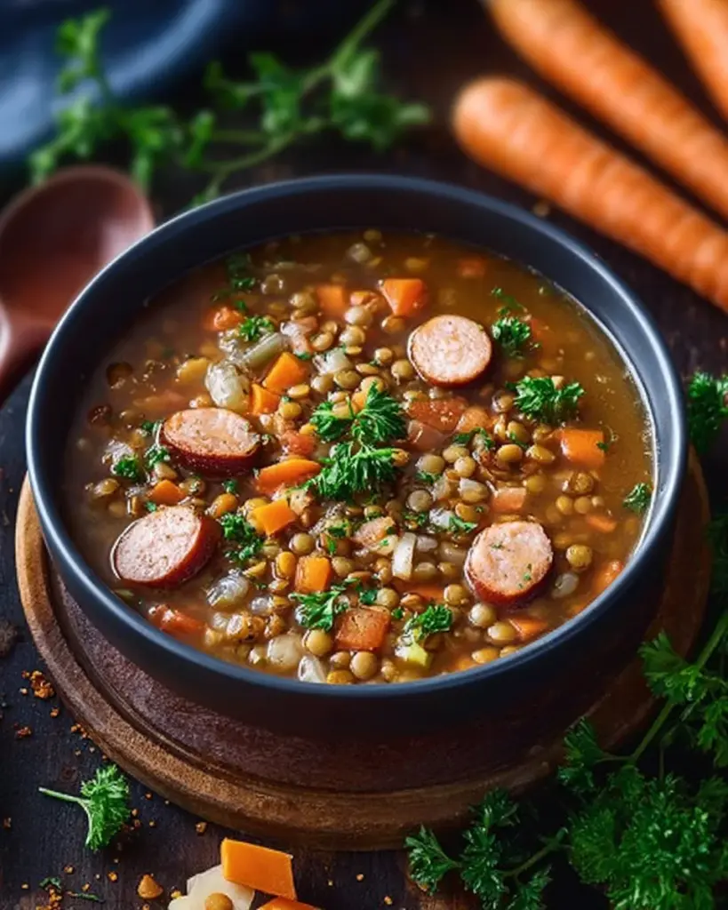 Wärmende Linsensuppe mit Speck und Würstchen in einer Schüssel serviert