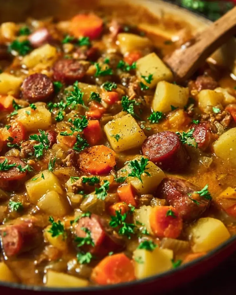 Würziger Kartoffel-Wurst-Eintopf in einer Schüssel serviert