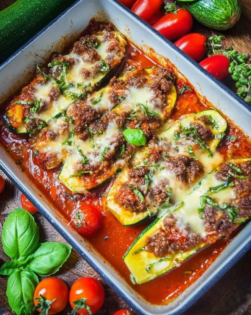 Zucchini-Hälften gefüllt mit Hackfleisch und frischen Kräutern