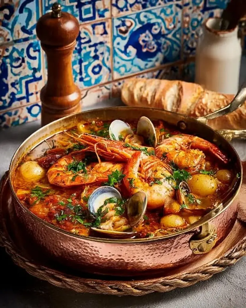 Algarvian Cataplana – Traditionelles Gericht aus der Algarve mit Meeresfrüchten und Gewürzen.