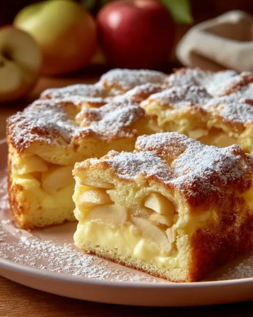 Apfelkuchen mit Vanillepudding, frisch gebacken und serviert auf einem Teller.