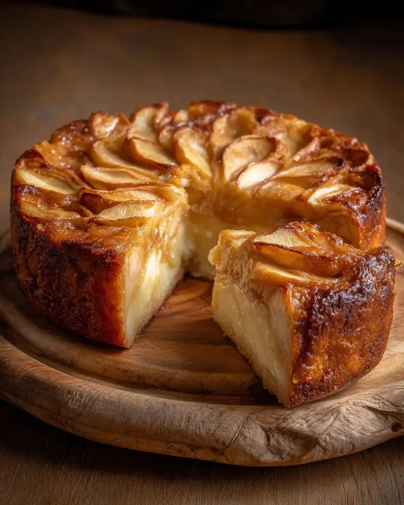 Apfelkuchen mit Vanillepudding auf einem Teller serviert