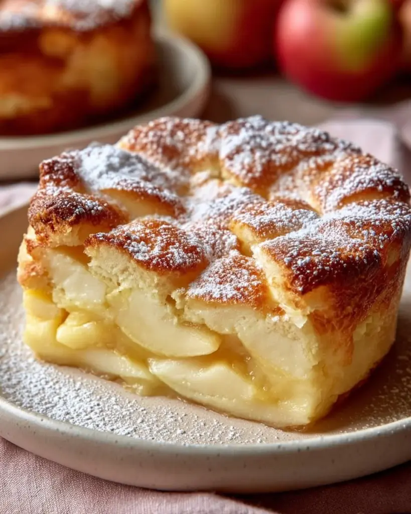Leckerer Apfelkuchen mit Vanillepudding auf einem Teller
