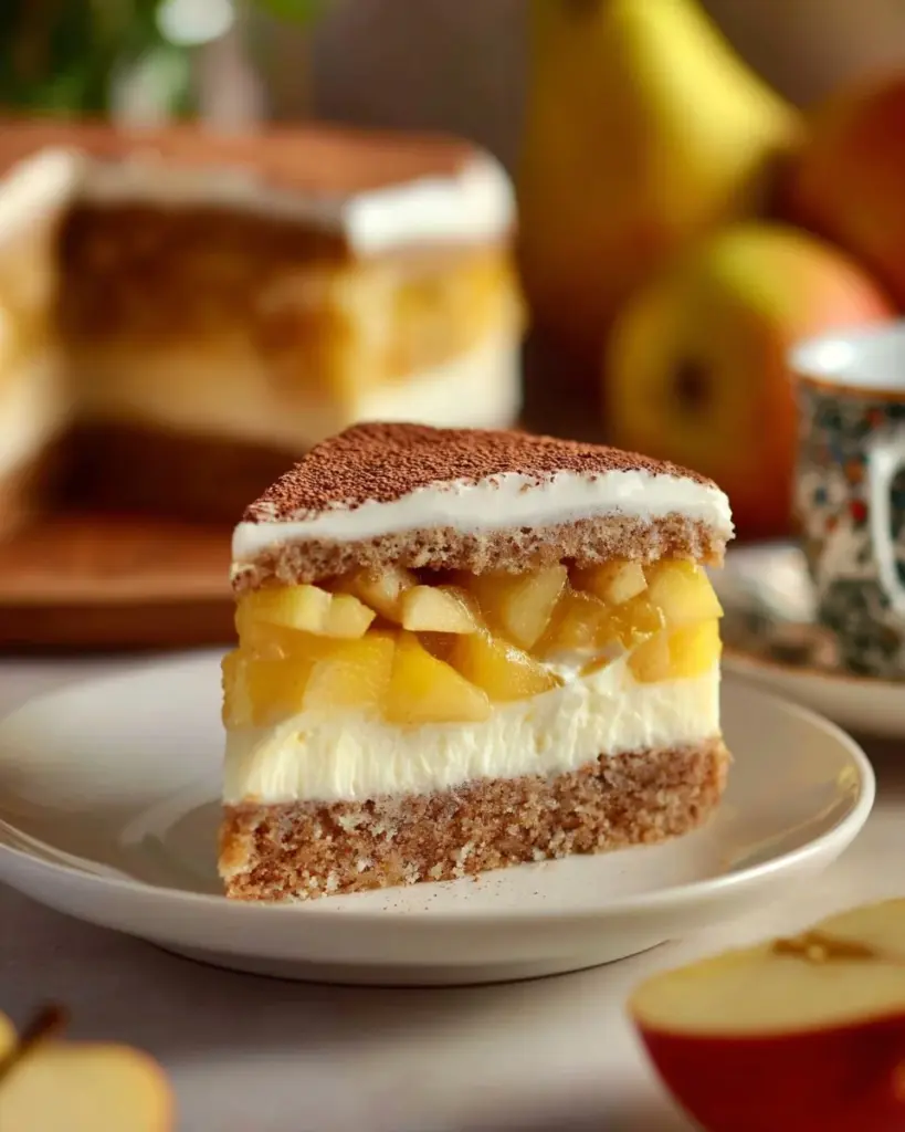 Delicious autumn apple hazelnut dessert with a crust and caramel topping
