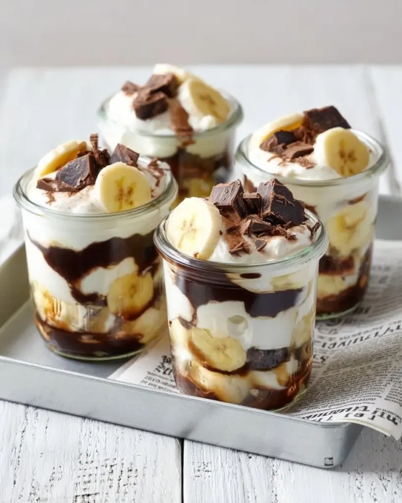 Leckeres Bananensplit-Quark-Dessert mit Bananen und Quark anzusehen