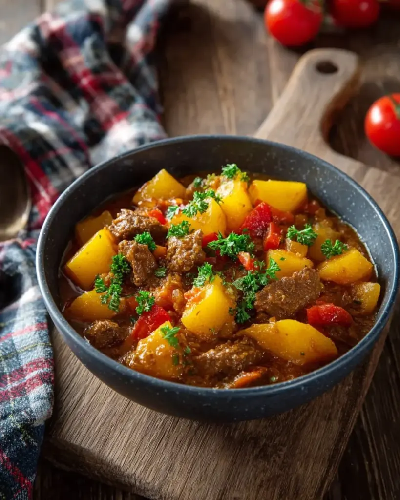 Bauerntopf mit Hackfleisch und frischem Gemüse gekocht in einem großen Topf