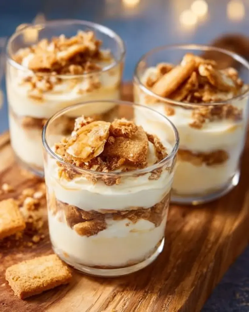 Bienenstich-Dessert mit Sahne und Mandeln auf einem Teller