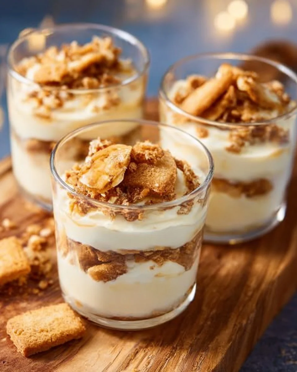Bienenstich-Dessert mit Sahne und Mandeln auf einem Teller