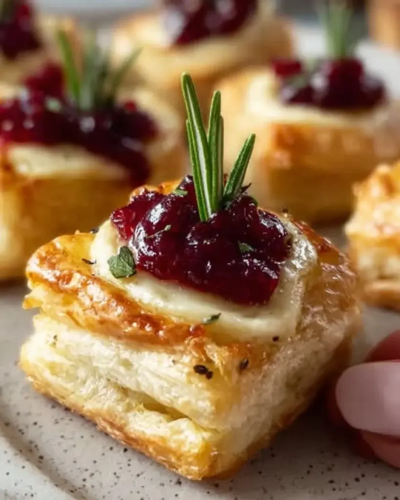 Leckere Blätterteig-Häppchen mit Camembert und Brie auf einem Teller