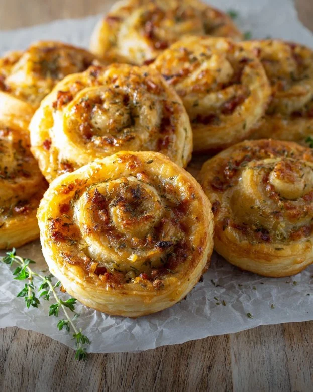 Leckere Blätterteigschnecken mit Schinken und Käse auf einem Holzbrett.