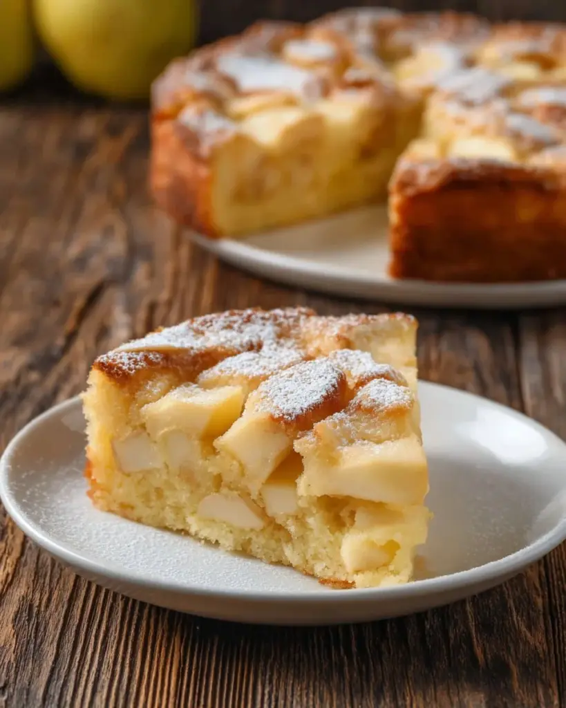 Blechkuchen mit Äpfeln auf einem Blech, frisch gebacken und dekoriert