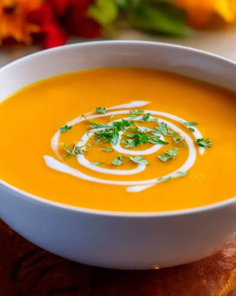 Bowl of creamy pumpkin soup garnished with herbs and served with crusty bread.
