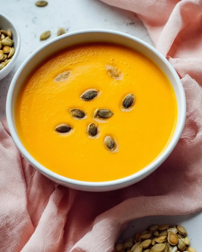 Cremige Kürbissuppe in einer Schüssel mit frischen Kräutern garniert
