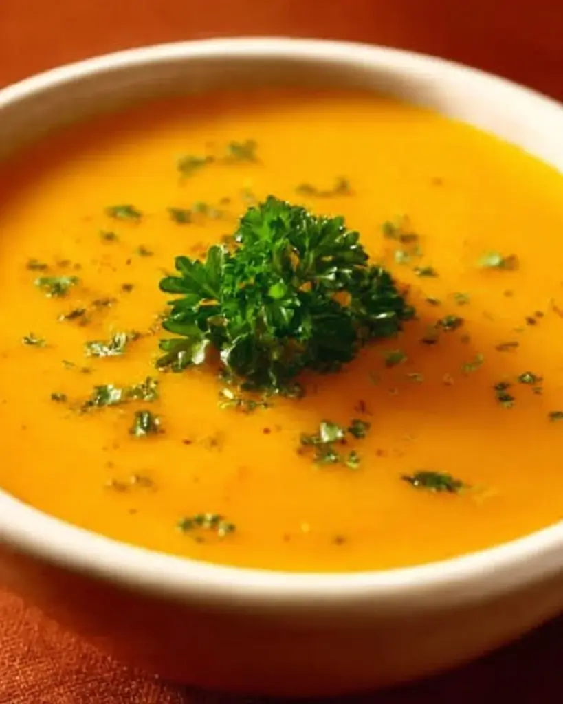 Cremige Kürbissuppe mit Äpfeln, Karotten und Kartoffeln im Teller serviert.