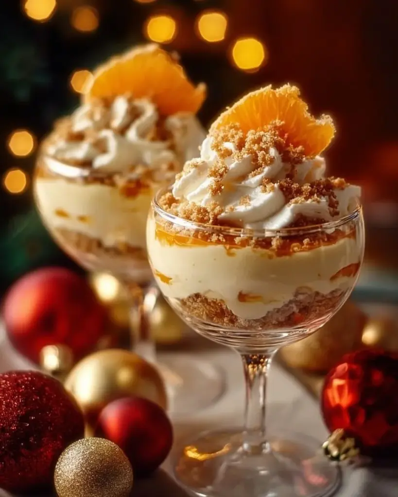 Cremiges Eierlikör-Mousse mit Spekulatius-Creme und Mandarinen auf einem Teller