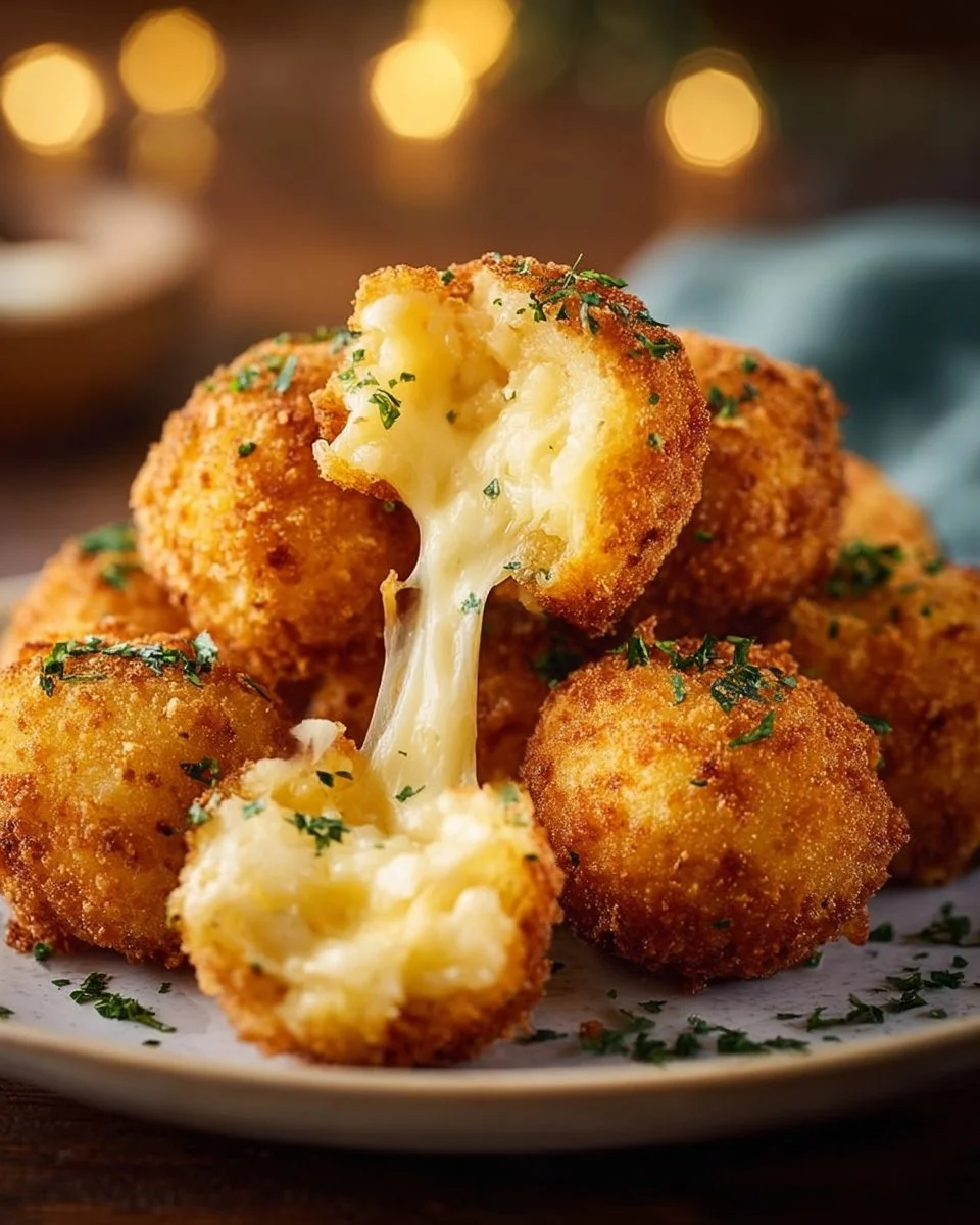 Crispy cheese potato puree balls served with dipping sauce