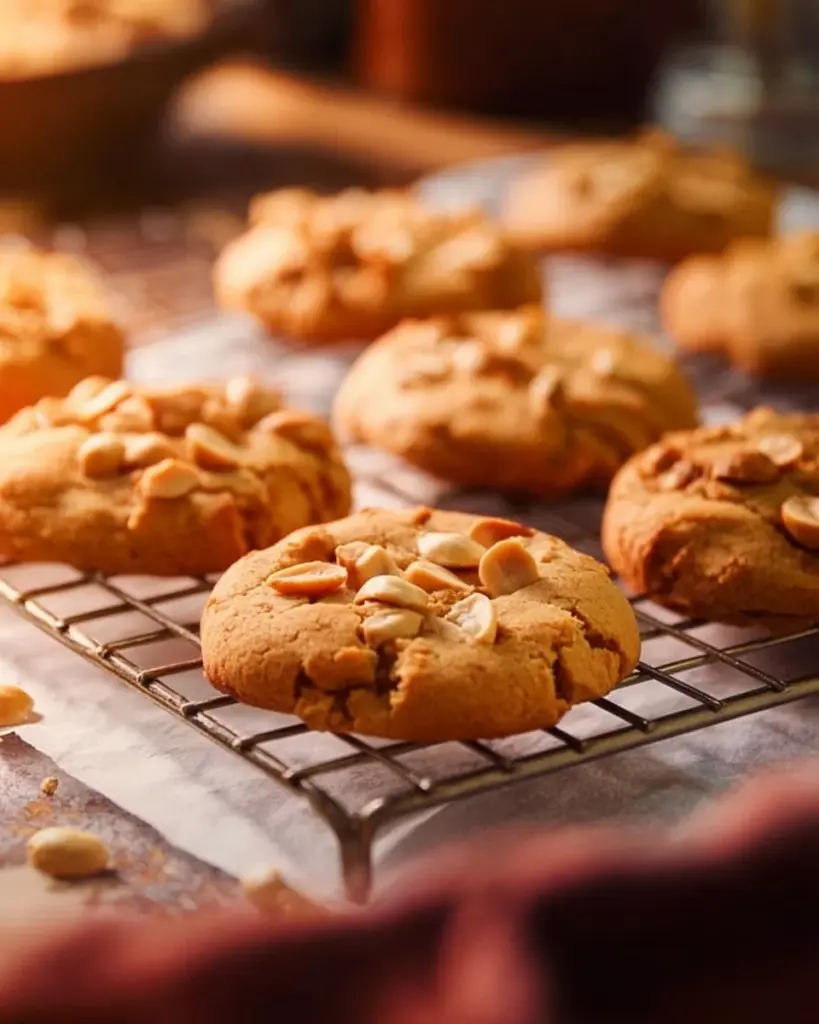 Crispy peanut butter cookies on a plate with a glass of milk
