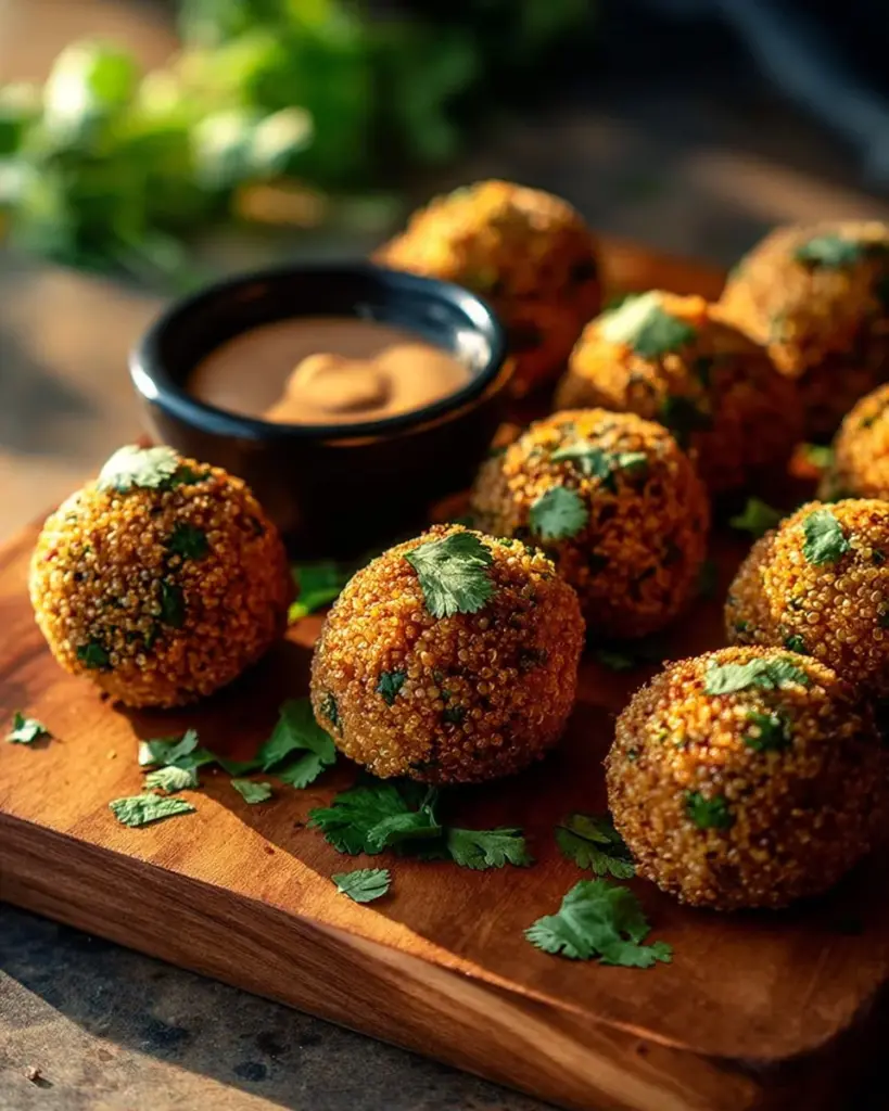 Crispy vegetable quinoa balls served on a platter with dipping sauce