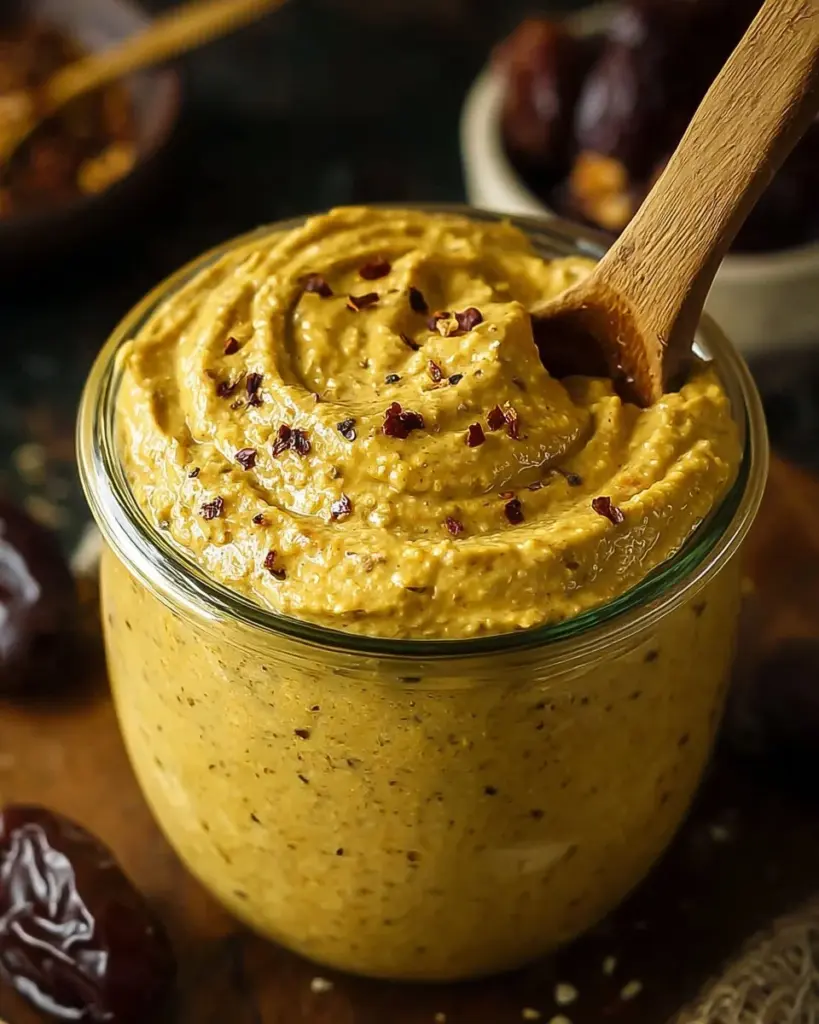 Curry-Dattel-Dip in einer schönen Schüssel, serviert mit frischem Gemüse