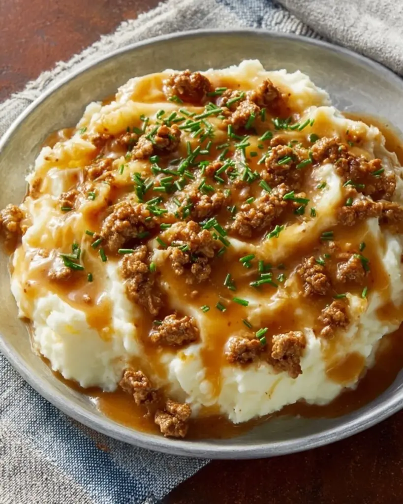 Deftiges Gericht mit Hackfleisch und cremigem Kartoffelpüree auf einem Teller.