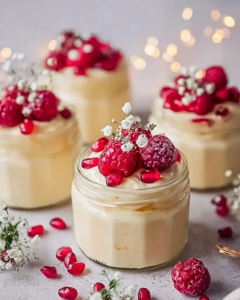 Vegane Vanille-Pudding-Mousse mit Beeren im Glas als leckeres Dessert