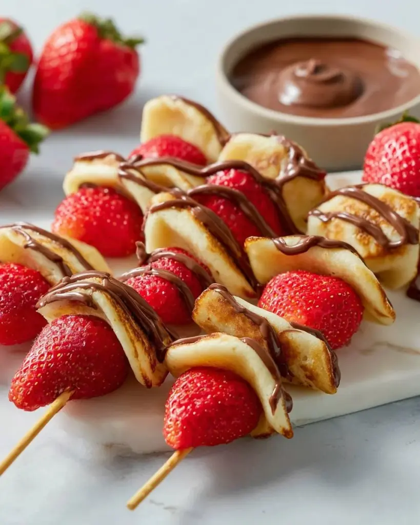 Erdbeer-Puff-Spieße mit Nutella auf einem Teller serviert