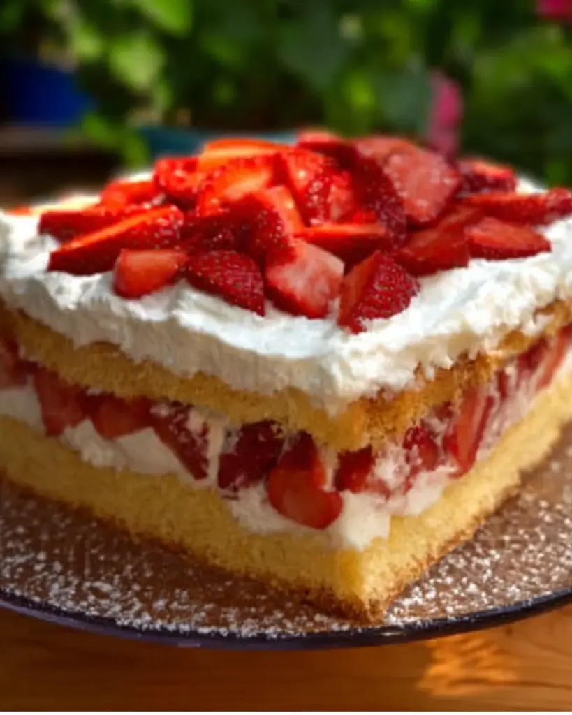 Fanta Kuchen mit Erdbeeren auf einem eleganten Teller serviert