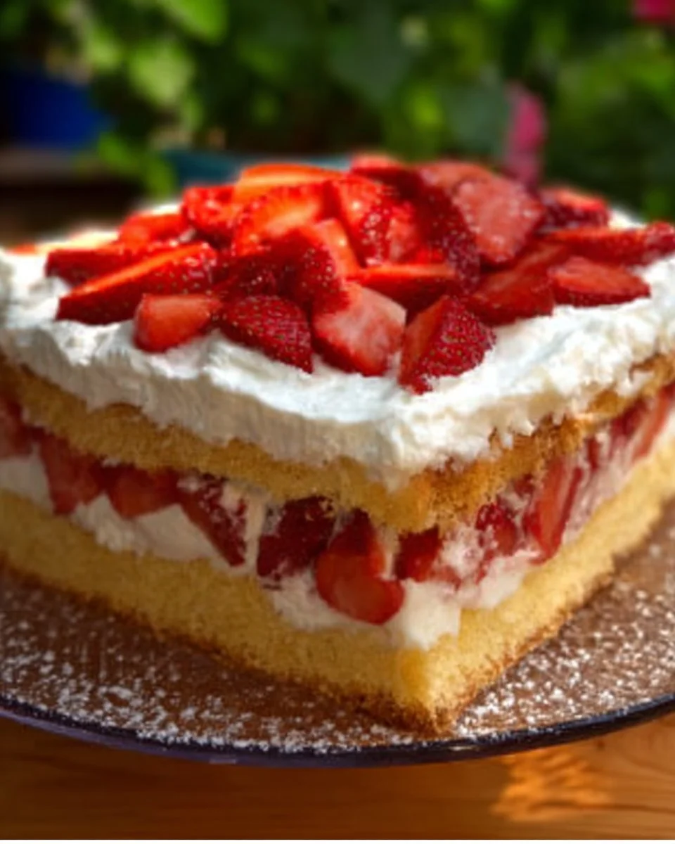 Fanta Kuchen mit Erdbeeren auf einem eleganten Teller serviert