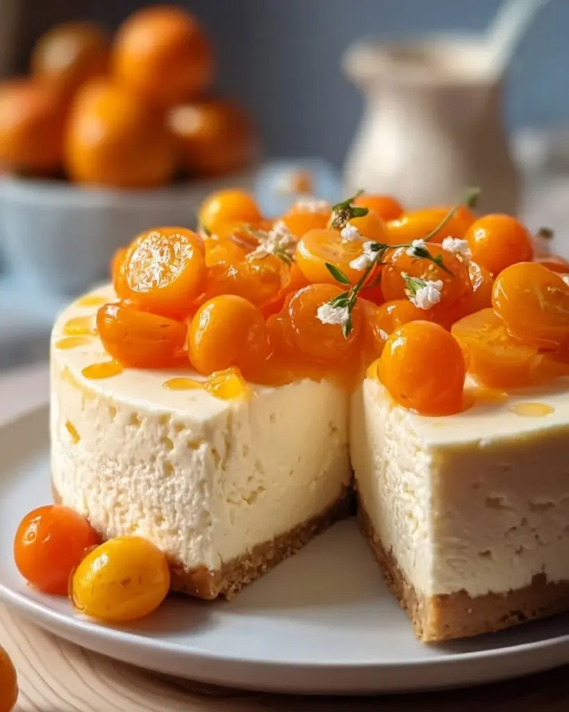 Fantakuchen mit Paradiescreme und Mandarinen auf einem eleganten Teller angerichtet
