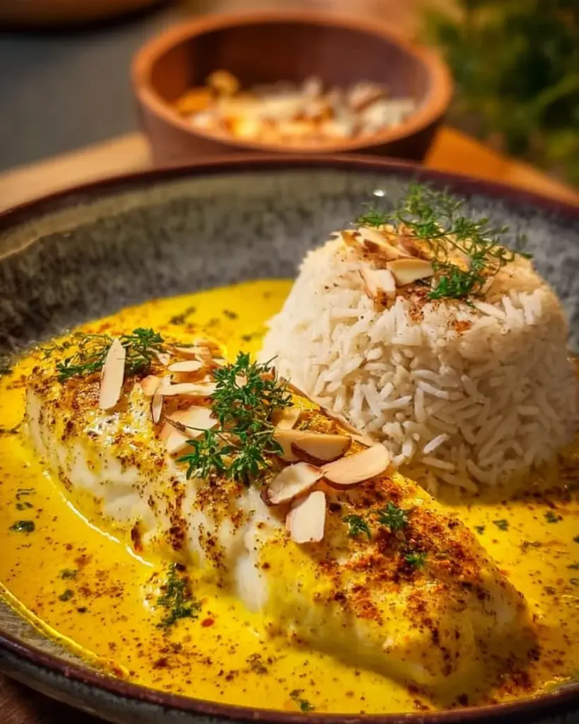 Fischfilet mit Kurkuma-Senfsoße auf einem Teller, garniert mit frischen Kräutern.