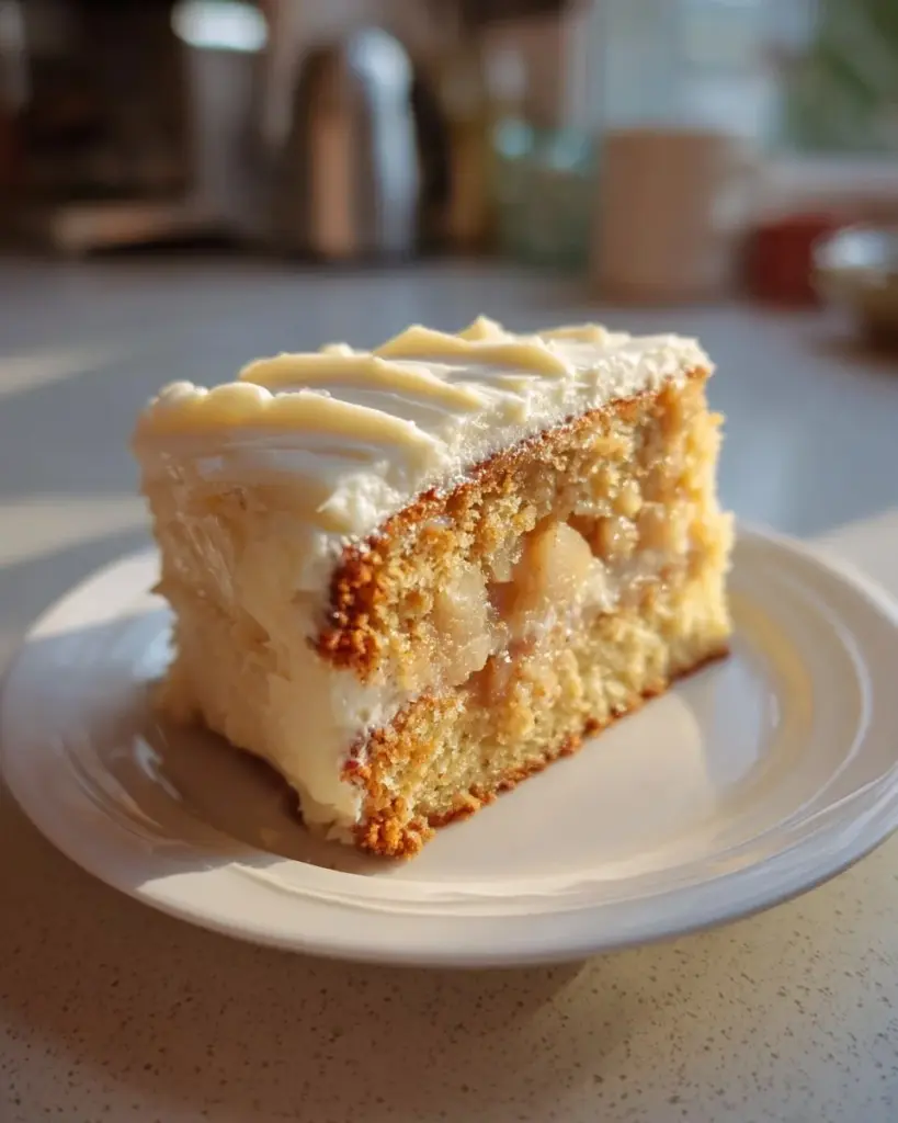 Frischer Apfelkuchen mit Frischkäse-Frosting auf einem Teller