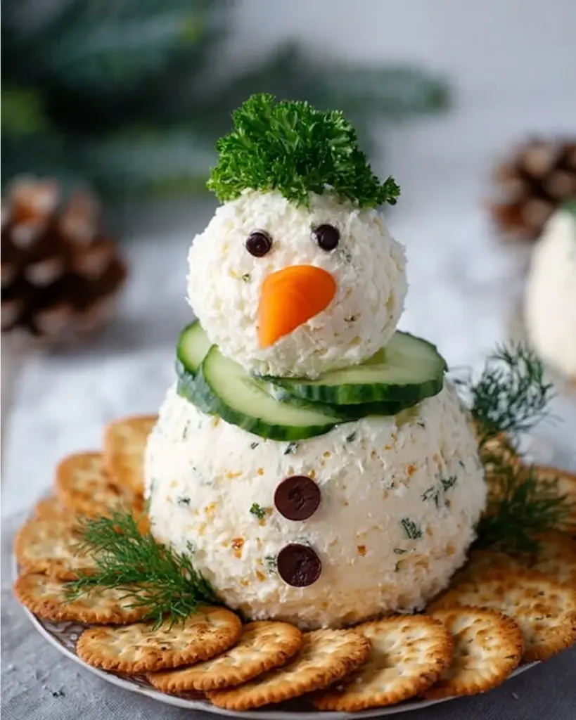 Leckerer Frischkäse-Schneemann dekoriert für eine festliche Tafel