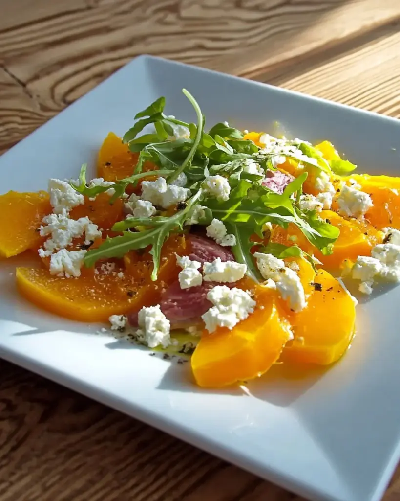 Gebratener Kürbis mit Feta auf einem Teller, appetitlich angerichtet.