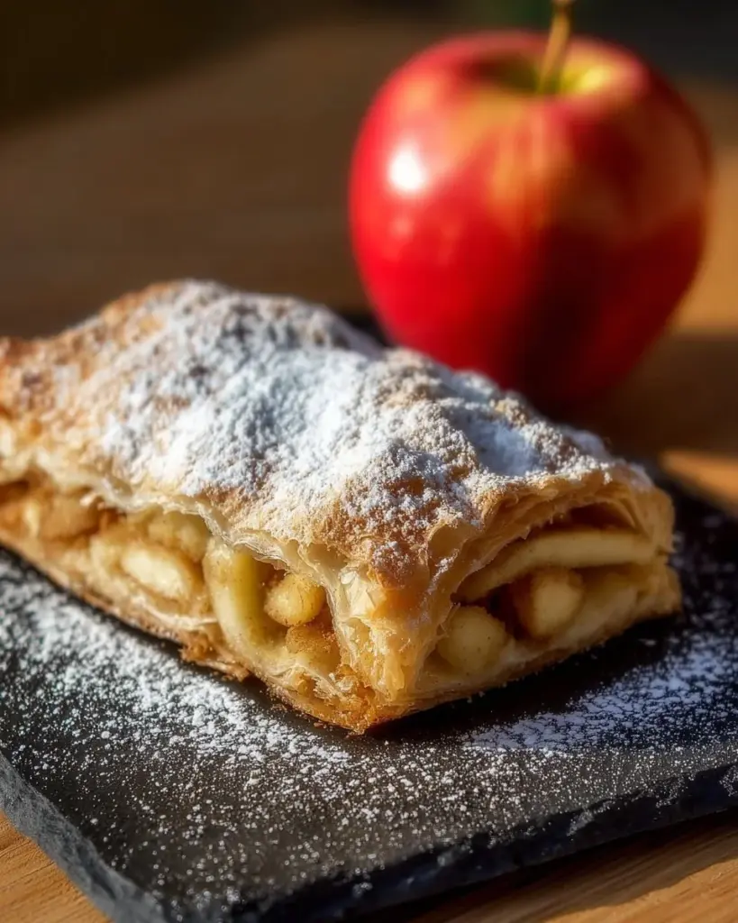 Delicious homemade apple strudel with warm apple filling and flaky pastry