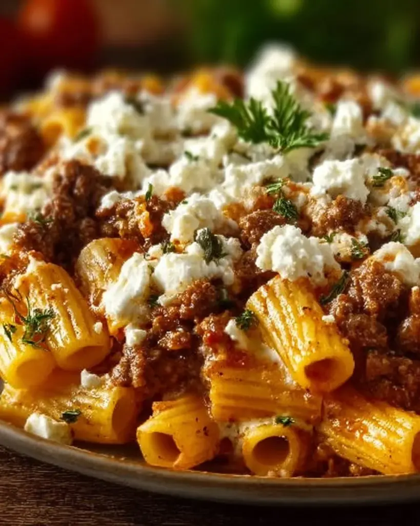 Griechischer Nudel-Auflauf mit Feta, Hackfleisch und frischem Gemüse