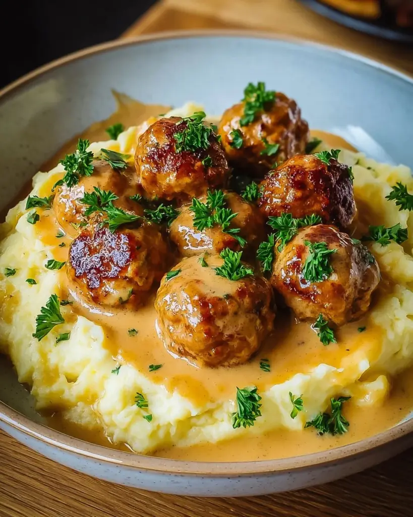Hackbällchen in cremiger Sauce mit Kartoffelpüree auf einem Teller angerichtet