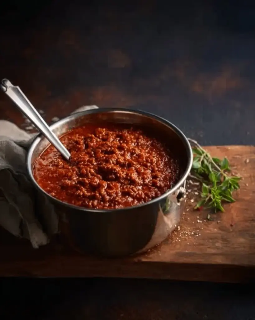 Hearty Bolognese sauce simmering with fresh ingredients in a pot.