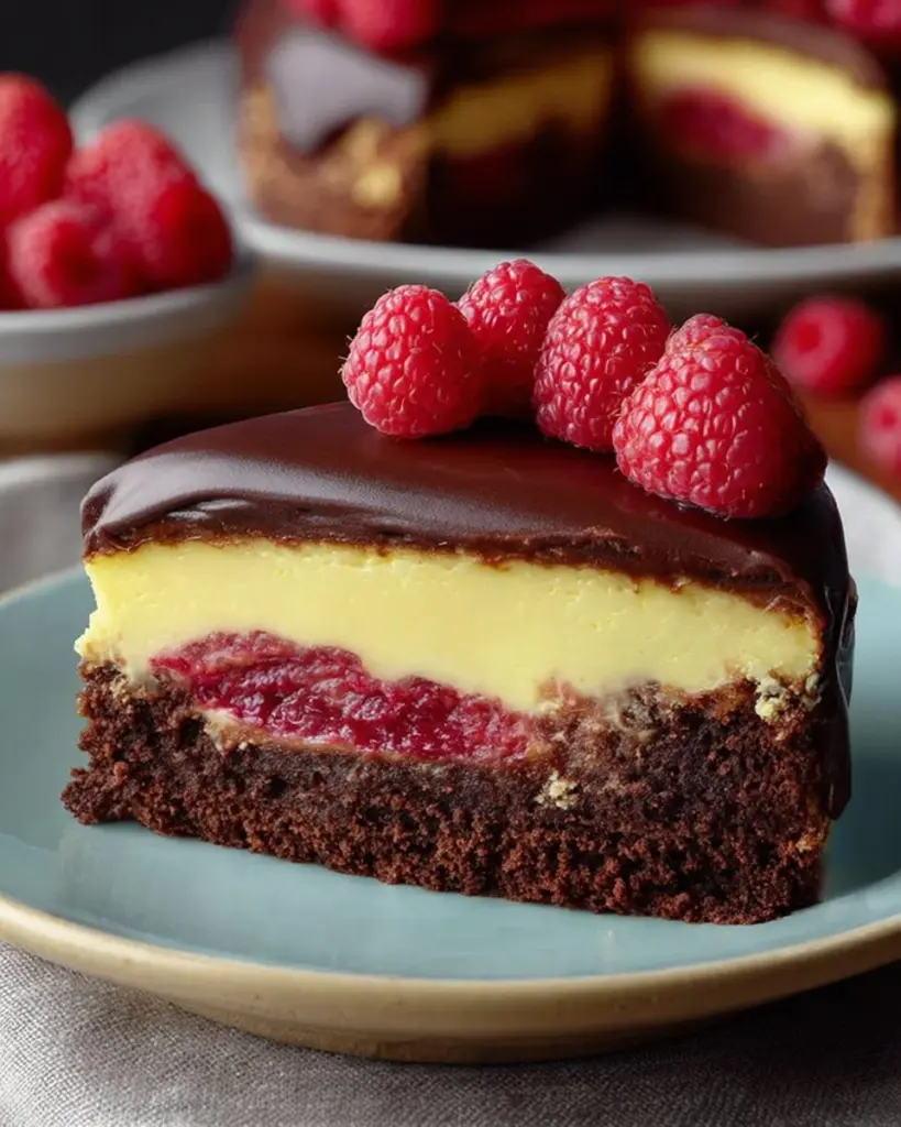 Himbeer Brownie Cheesecake mit Schokoladenstücken und Himbeeren