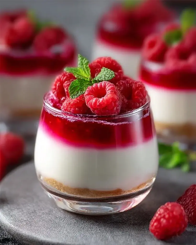 Himbeer-Käsekuchen im Glas mit frischen Himbeeren und cremiger Käsekuchenschicht