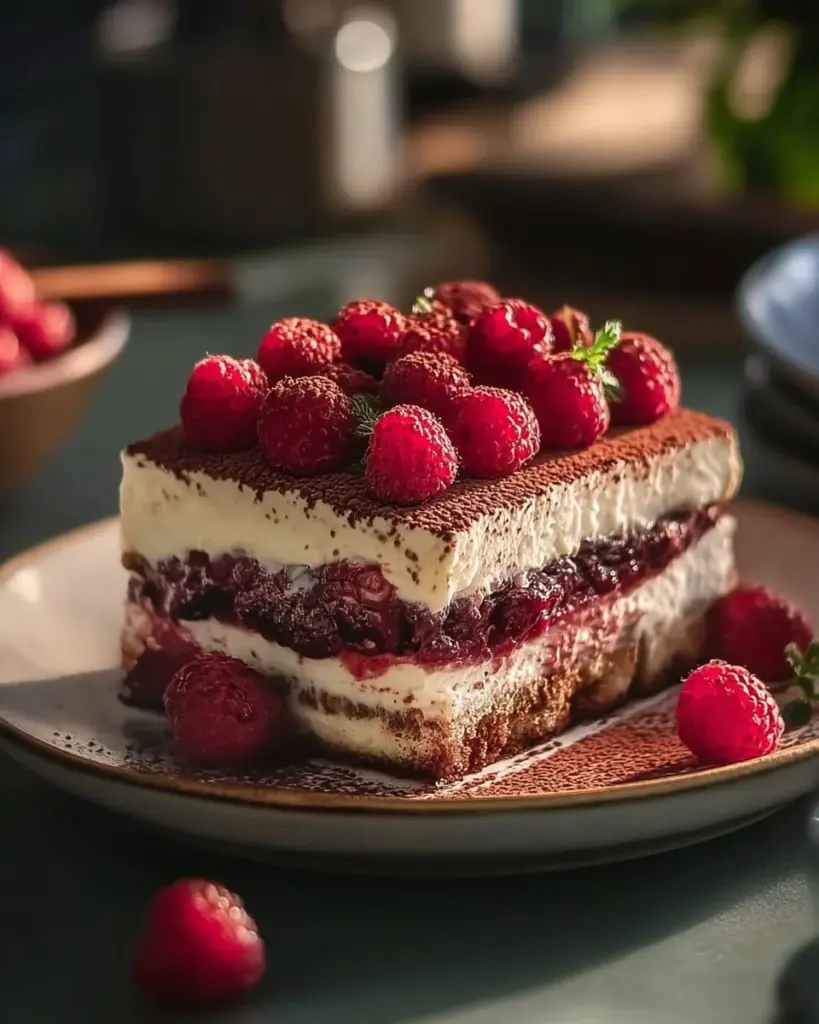 Himbeer-Spekulatius-Tiramisu serviert in einem eleganten Dessertglas.
