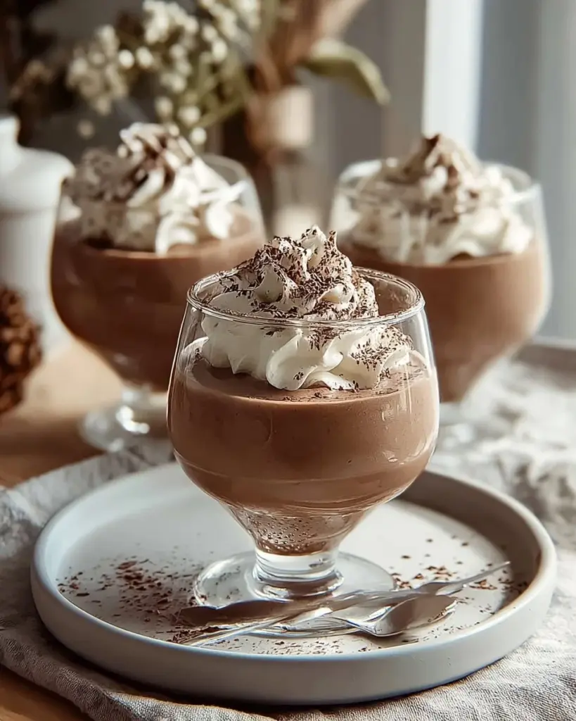 Himmlische Schokoladenmousse in einer eleganten Dessertschale serviert.