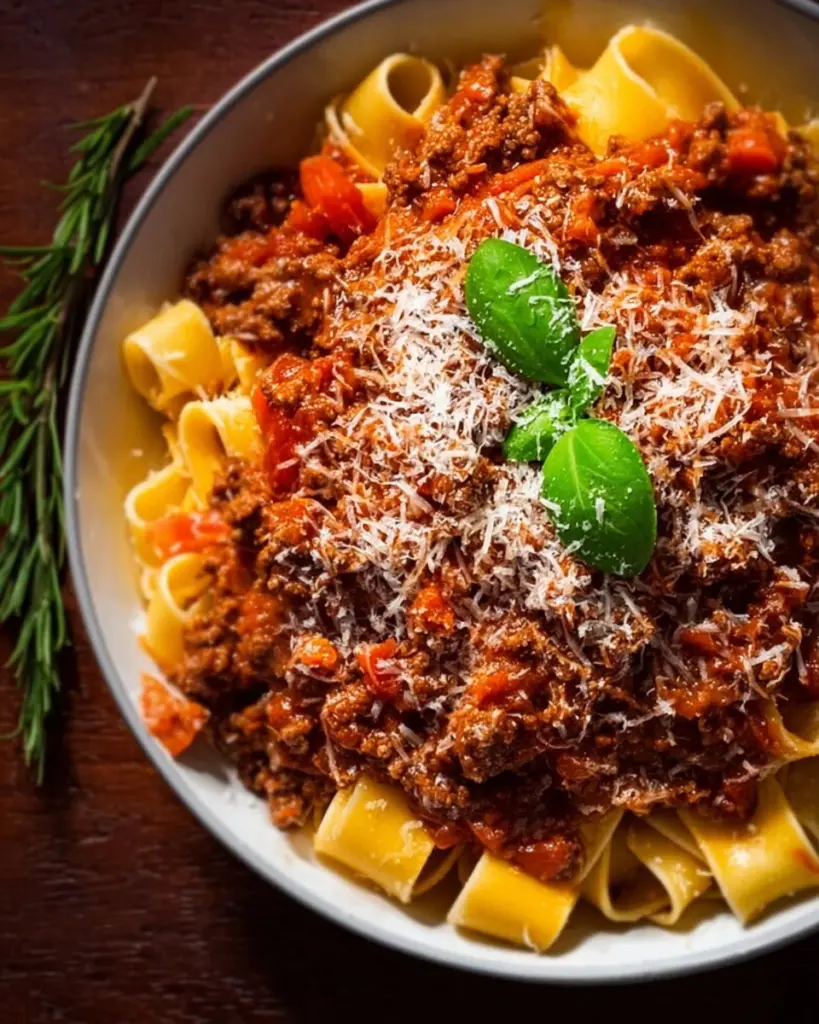 A pot of homemade Bolognese sauce simmering on the stove with fresh ingredients.
