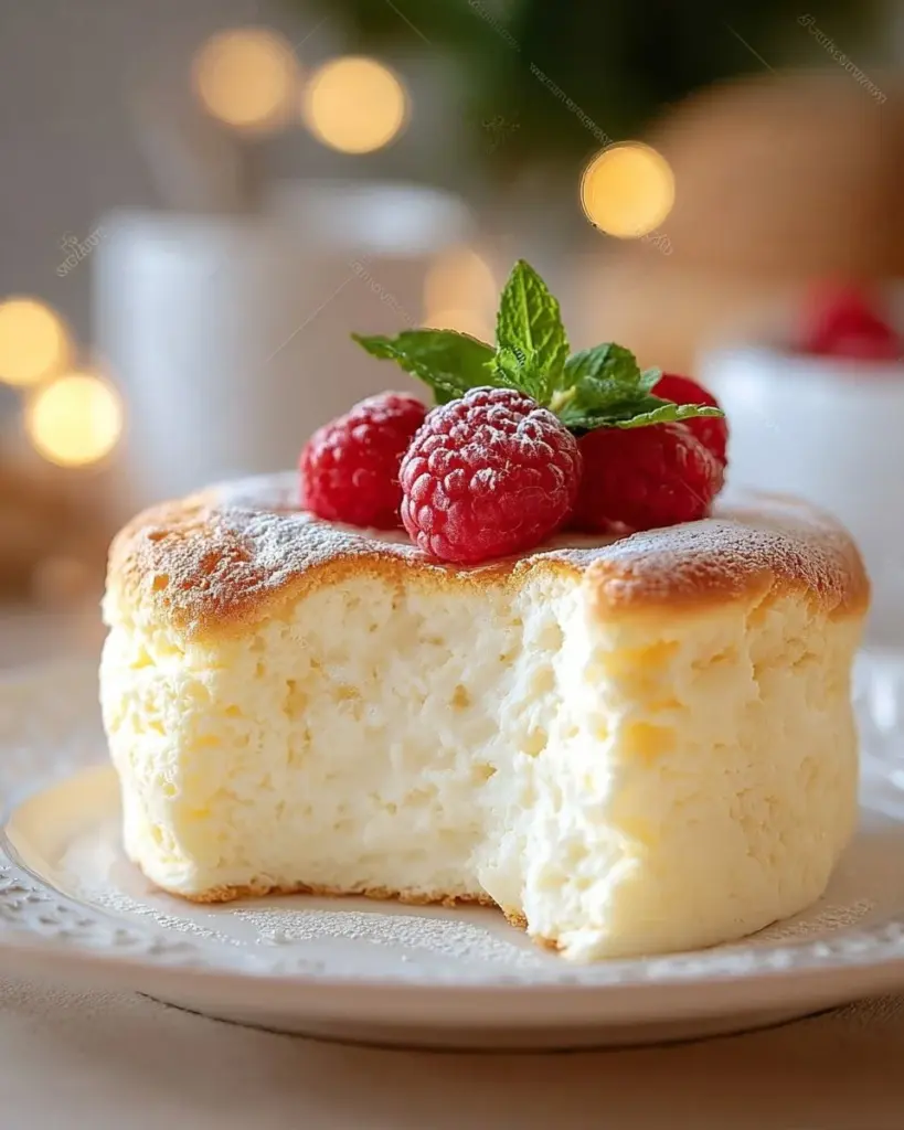 Eine saftige Joghurtwolkenkuchen-Schnitte auf einem Teller